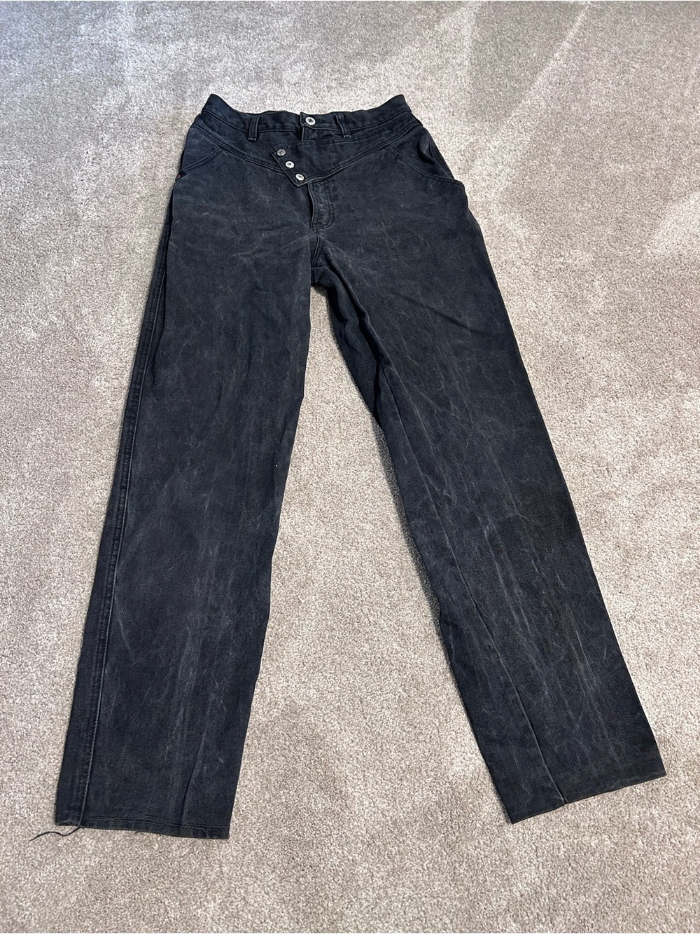 Vintage Blaze Western Washed Black Jeans Asymmetrical V Waist Button Flap Y2K